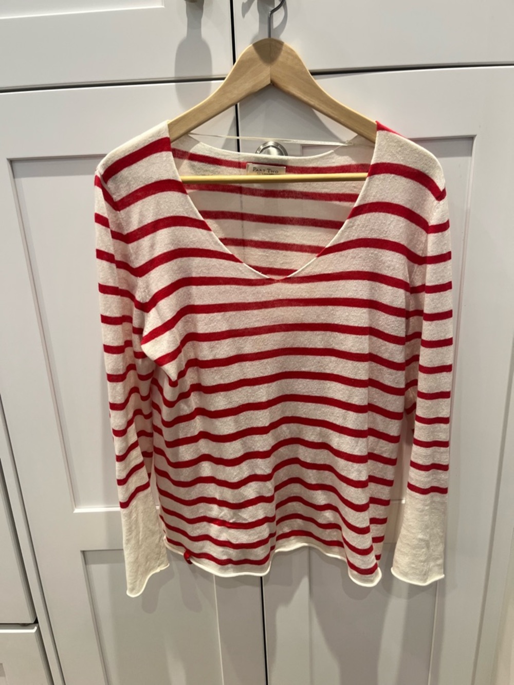 Striped Long Sleeve V-Neck Top - Red & Cream
